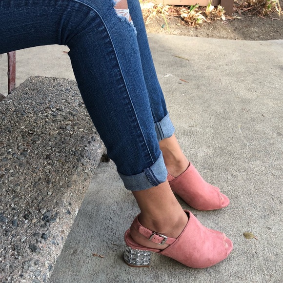 LAST 1 Peep Toe Vegan Suede jeweled Low Block heel - Picture 4 of 8